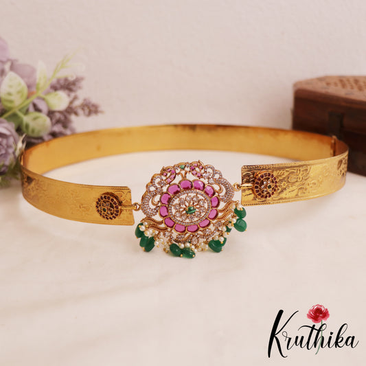 Elegant Floral Peacock Motifs Hip Belt With Green Bead Drops V369