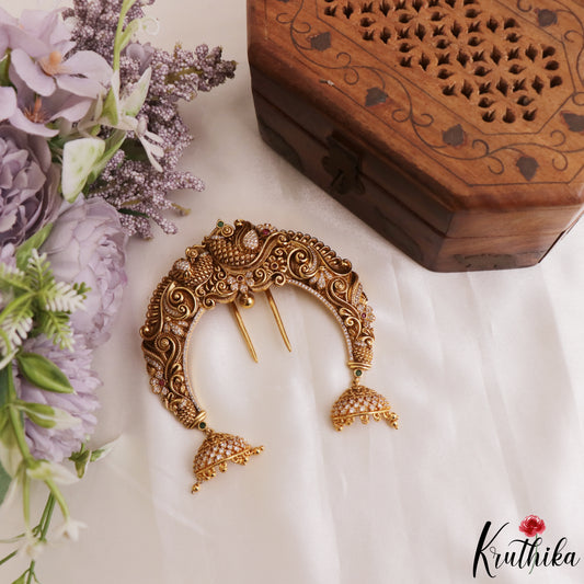 Premium Antique Peacock Motifs Half Moon Shape Jhumka Drops Jada Billa J422
