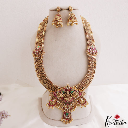 Grand 22ct Gold-Inspired Antique Nagas Lakshmi Elephant Motifs Jadau Haaram LH2216 (Detachable Pendant)