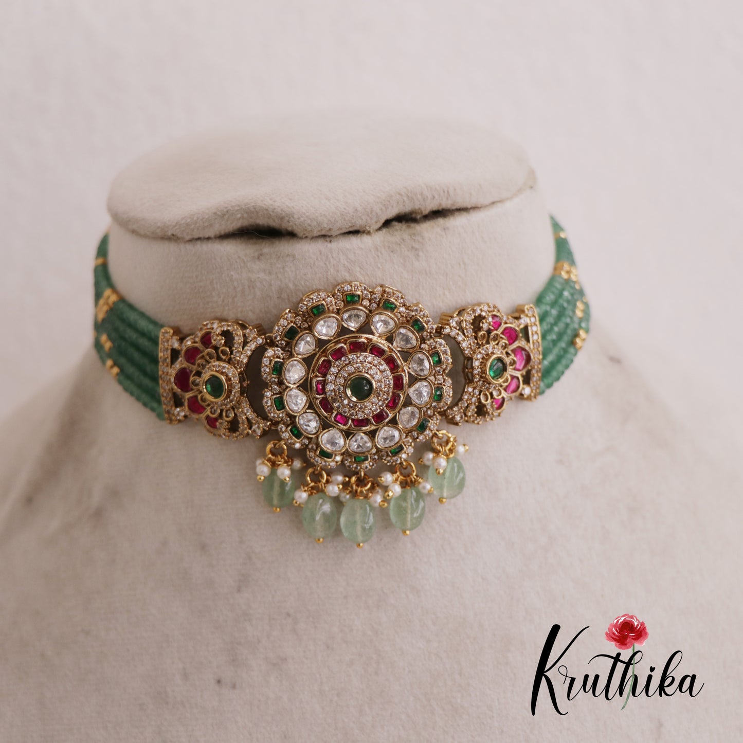 Classic Floral Motifs Jadau Choker With Multi Strand Chains NC2608 (Available In 2 Colors)
