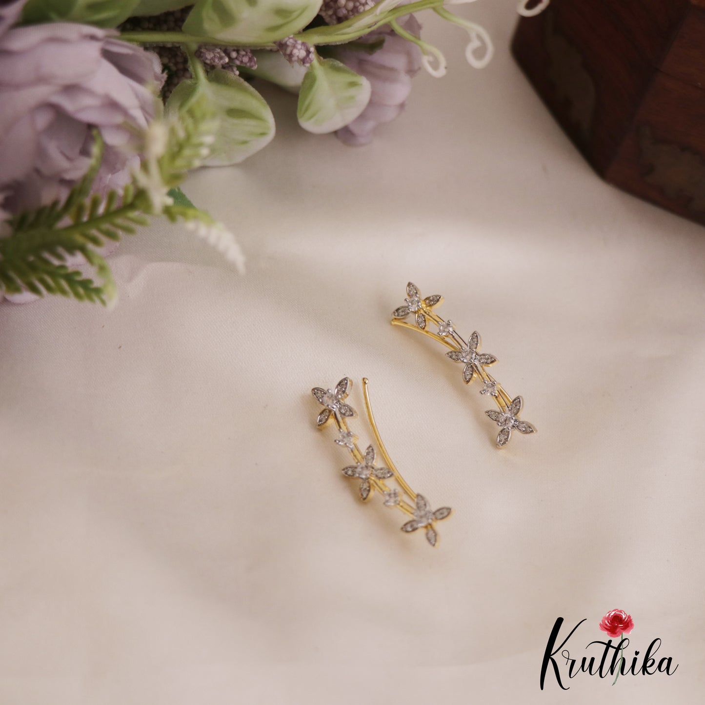 Sparkling Floral Motifs AD Stones Ear Climbers E937