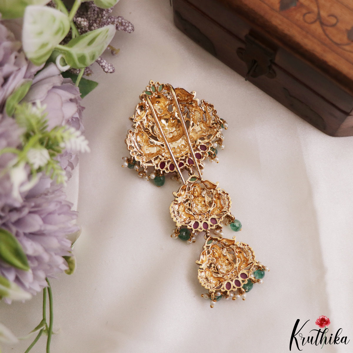 Premium Antique Lakshmi Motifs Jada Billa With Green Bead And Pearl Drops J440