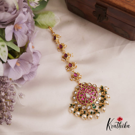 Beautiful Floral Peacock Motifs Jadau Maang Tikka With Pearl Drops MT369