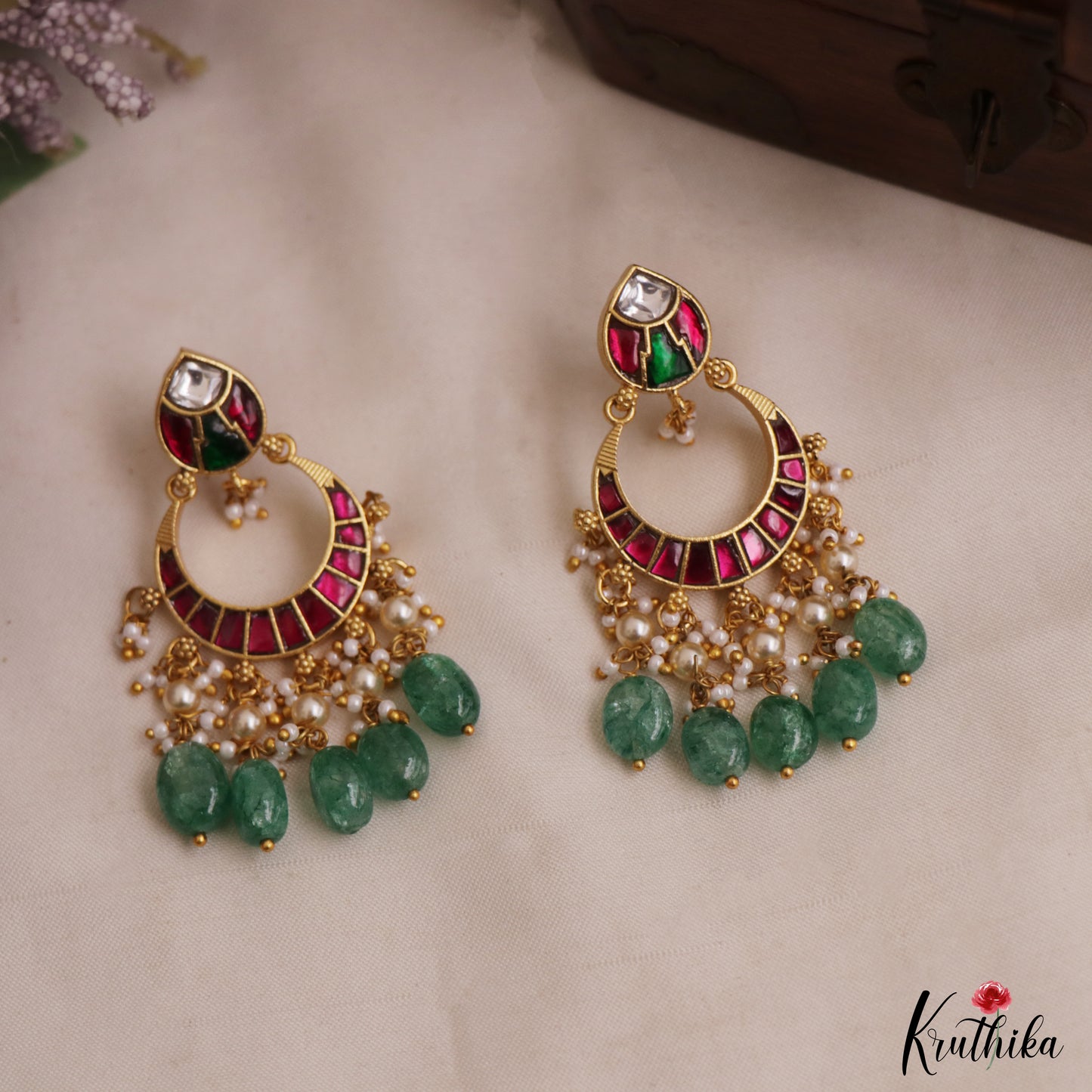 Beautiful Teardrop Motifs Jadau Chandbali Earrings With Green Bead Drops E1156
