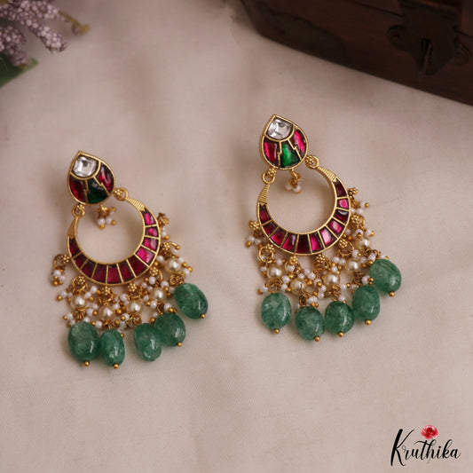 Beautiful Teardrop Motifs Jadau Chandbali Earrings With Green Bead Drops E1156