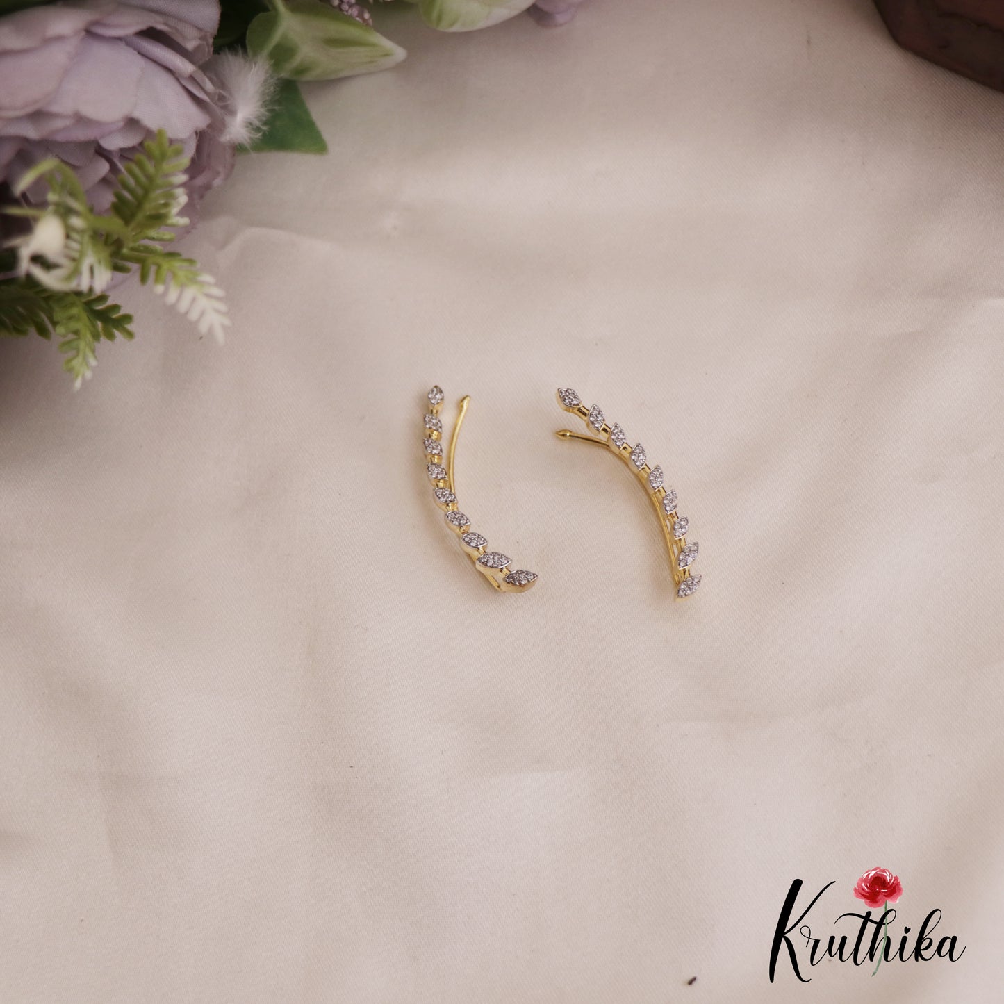 Pretty Leaf Motifs AD Stones Ear Climbers E928