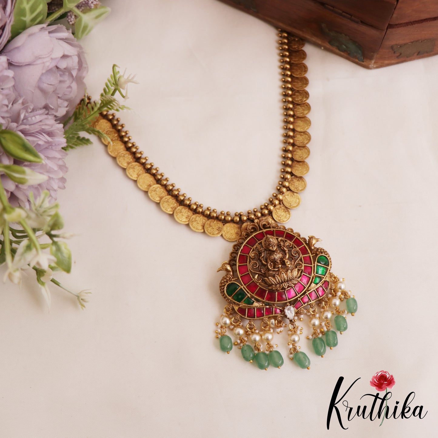 Premium Antique Nagas Lakshmi Peacock Kasu Jadau Necklace With Green Bead Drops NC2832