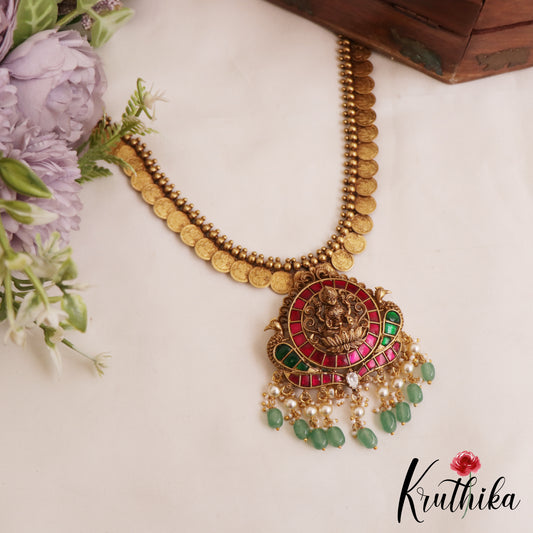 Premium Antique Nagas Lakshmi Peacock Kasu Jadau Necklace With Green Bead Drops NC2832