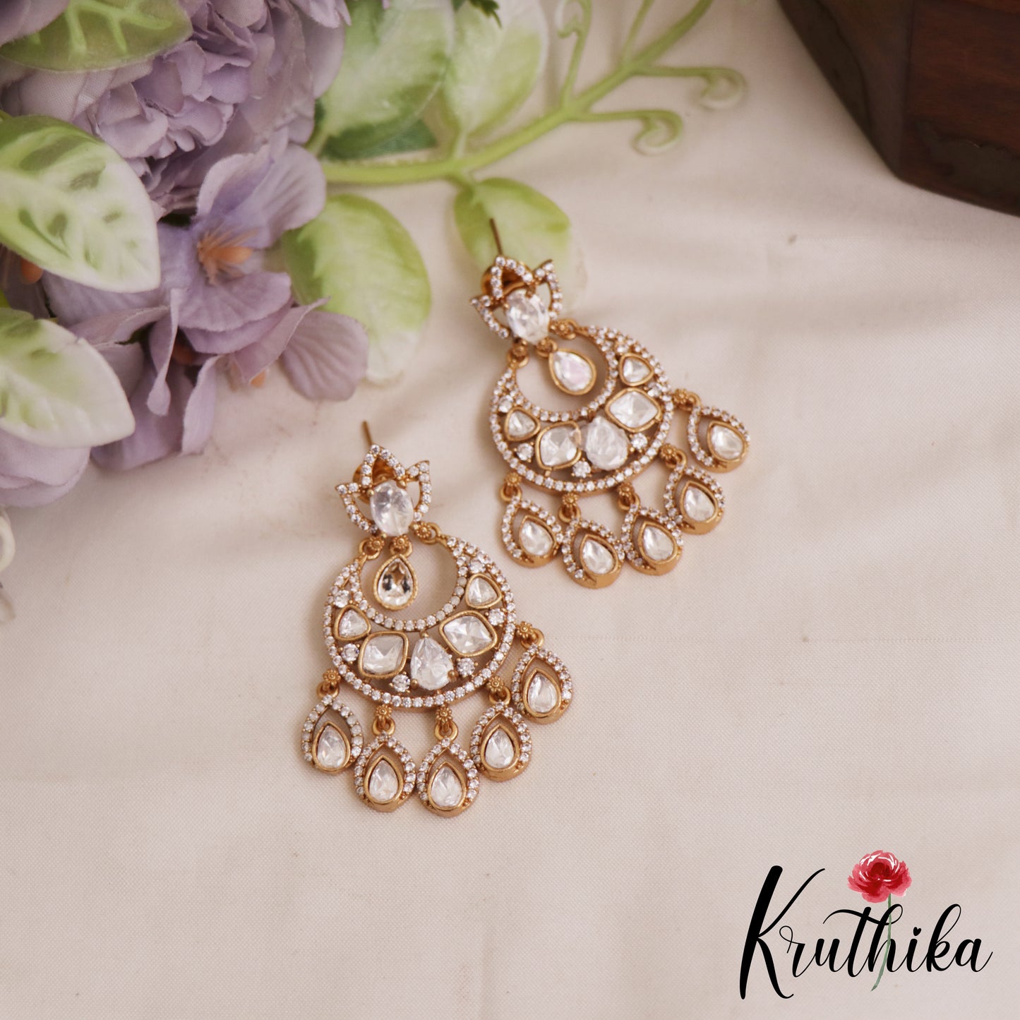 Sparkling Teardrop AD Victorian Chandbali Earrings E1063 (Available In 4 Colors)