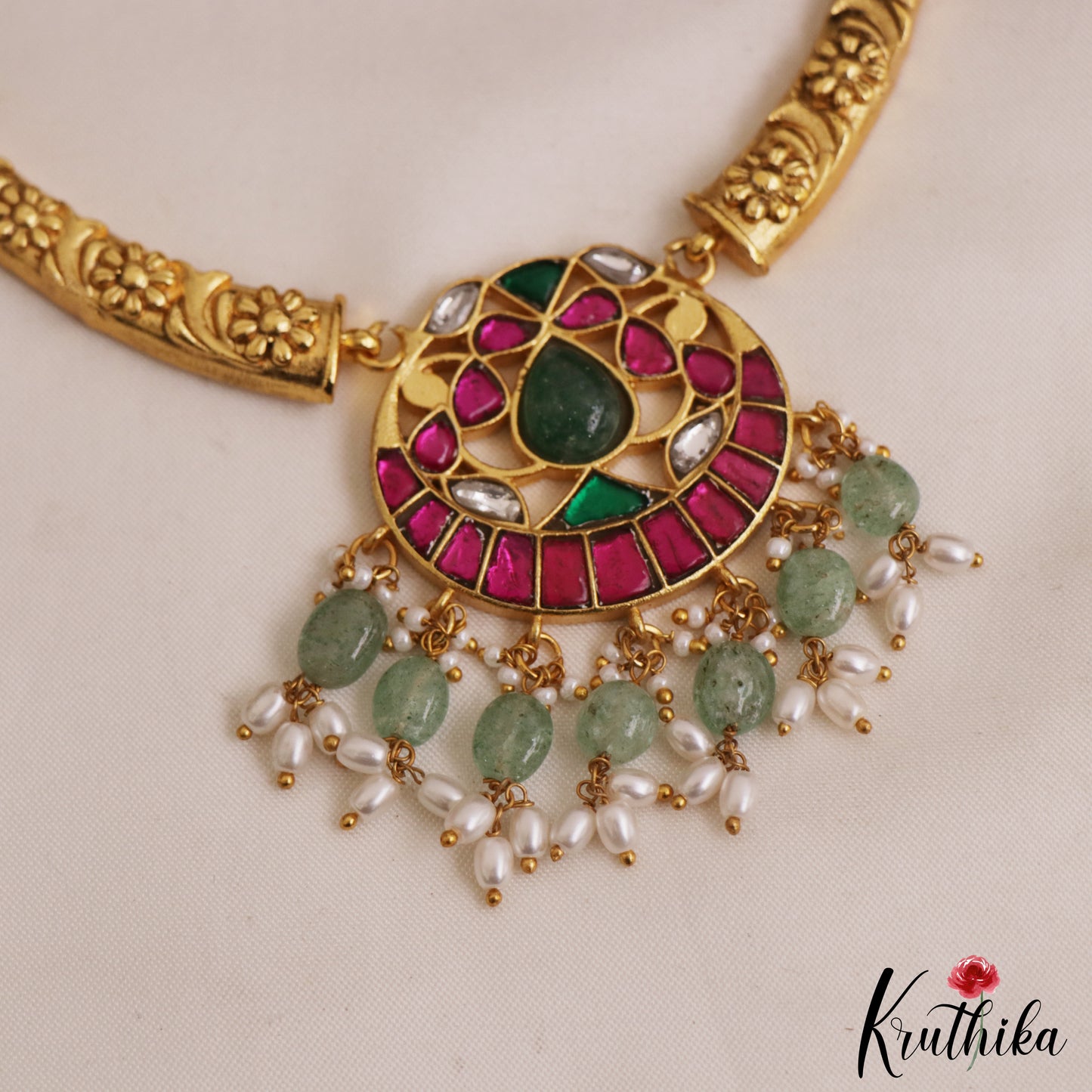 Elegant Teardrop Motifs Hasli Jadau Choker With Green Bead Drops NC2865