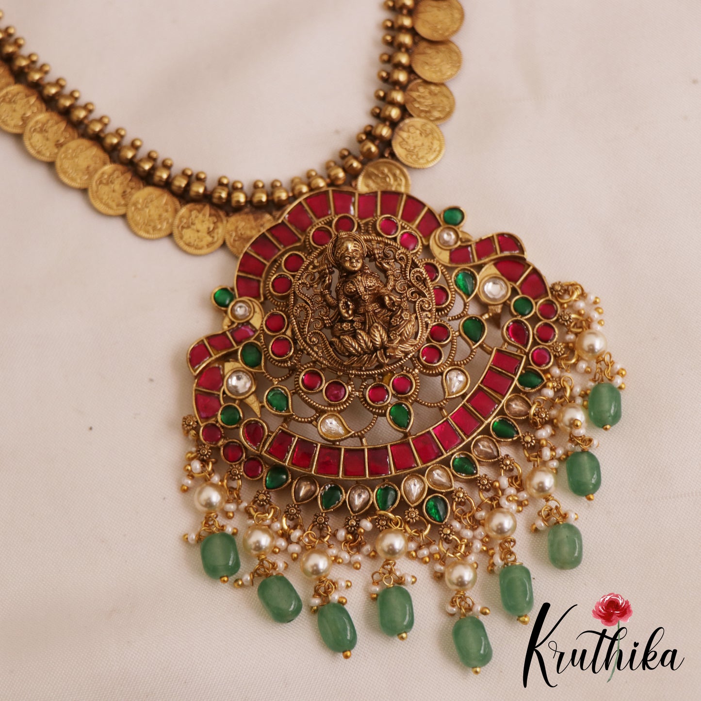 Gorgeous Antique Nagas Lakshmi Peacock Kasu Jadau Necklace With Green Bead Drops NC2833