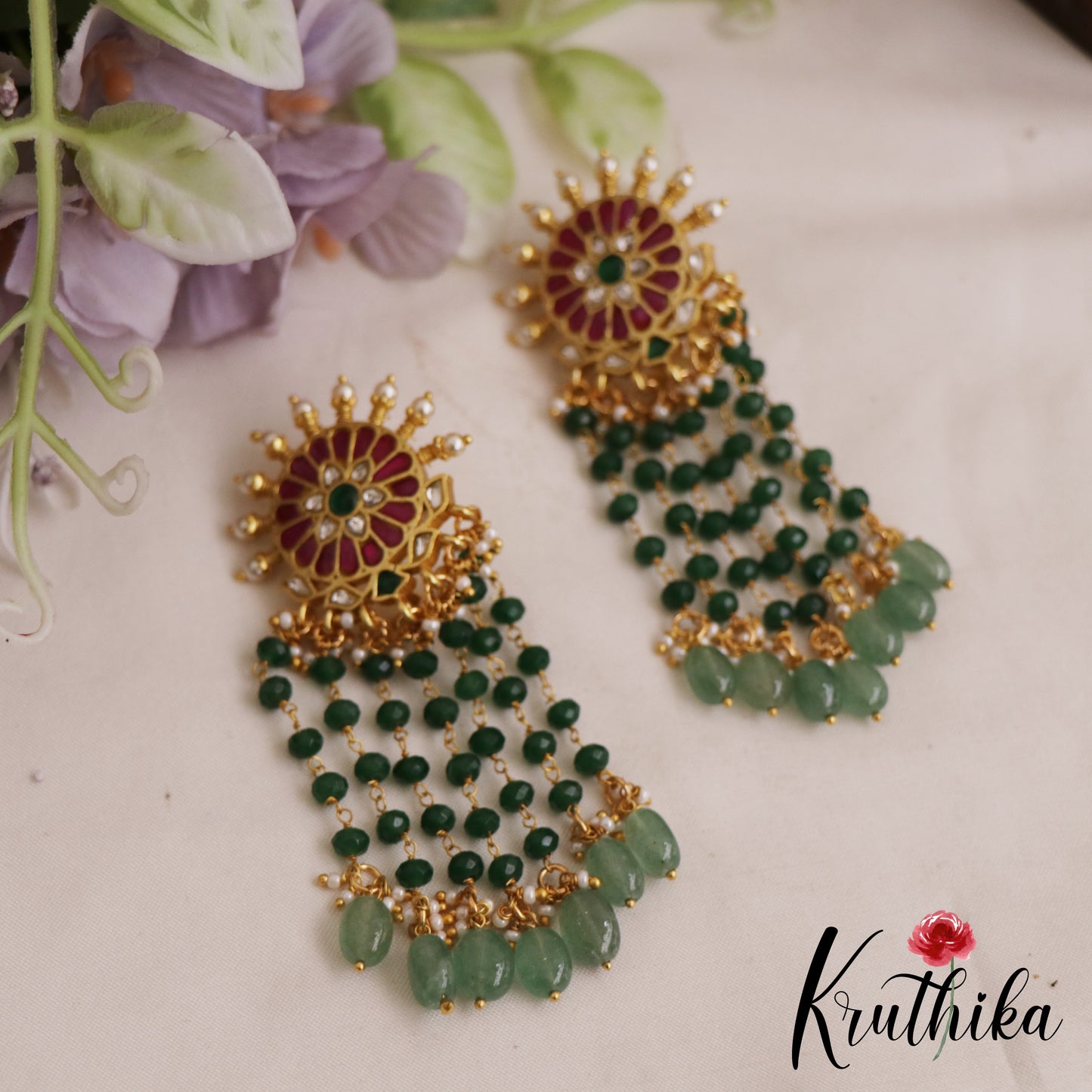 Gorgeous Floral Motifs Jadau Earrings With Multi Layered Bead Drops E1065
