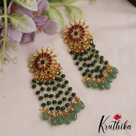 Gorgeous Floral Motifs Jadau Earrings With Multi Layered Bead Drops E1065