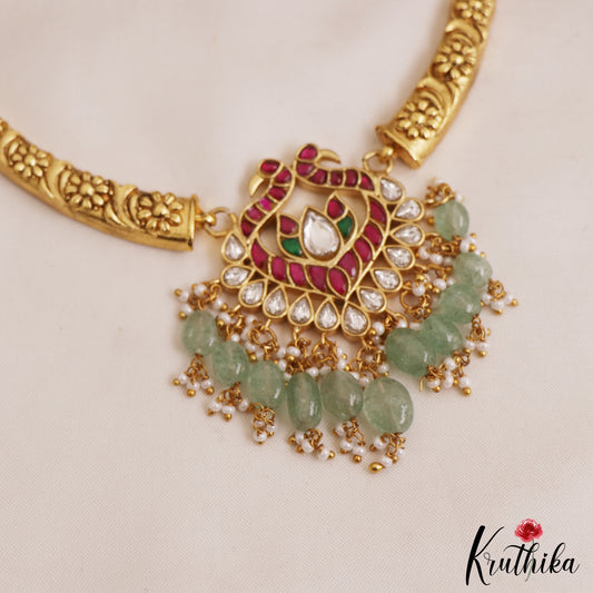 Pretty Peacock Motifs Hasli Jadau Choker With Green Bead Drops NC2957