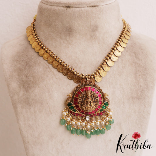 Premium Antique Nagas Lakshmi Peacock Kasu Jadau Necklace With Green Bead Drops NC2832