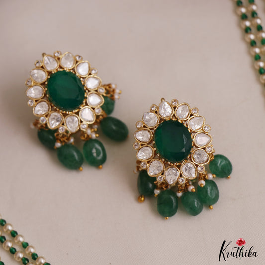 Stunning Floral Motifs Multi Pearl Layered Polki Victorian Haaram With Green Bead Drops LH2117