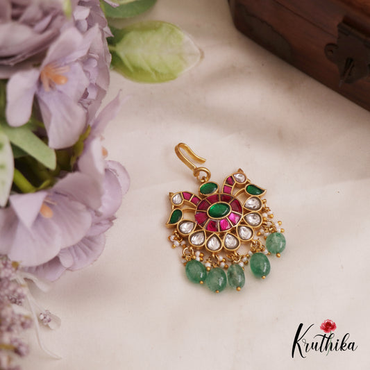 Elegant Floral Peacock Motifs Jadau Maang Tikka With Green Bead Drops MT370