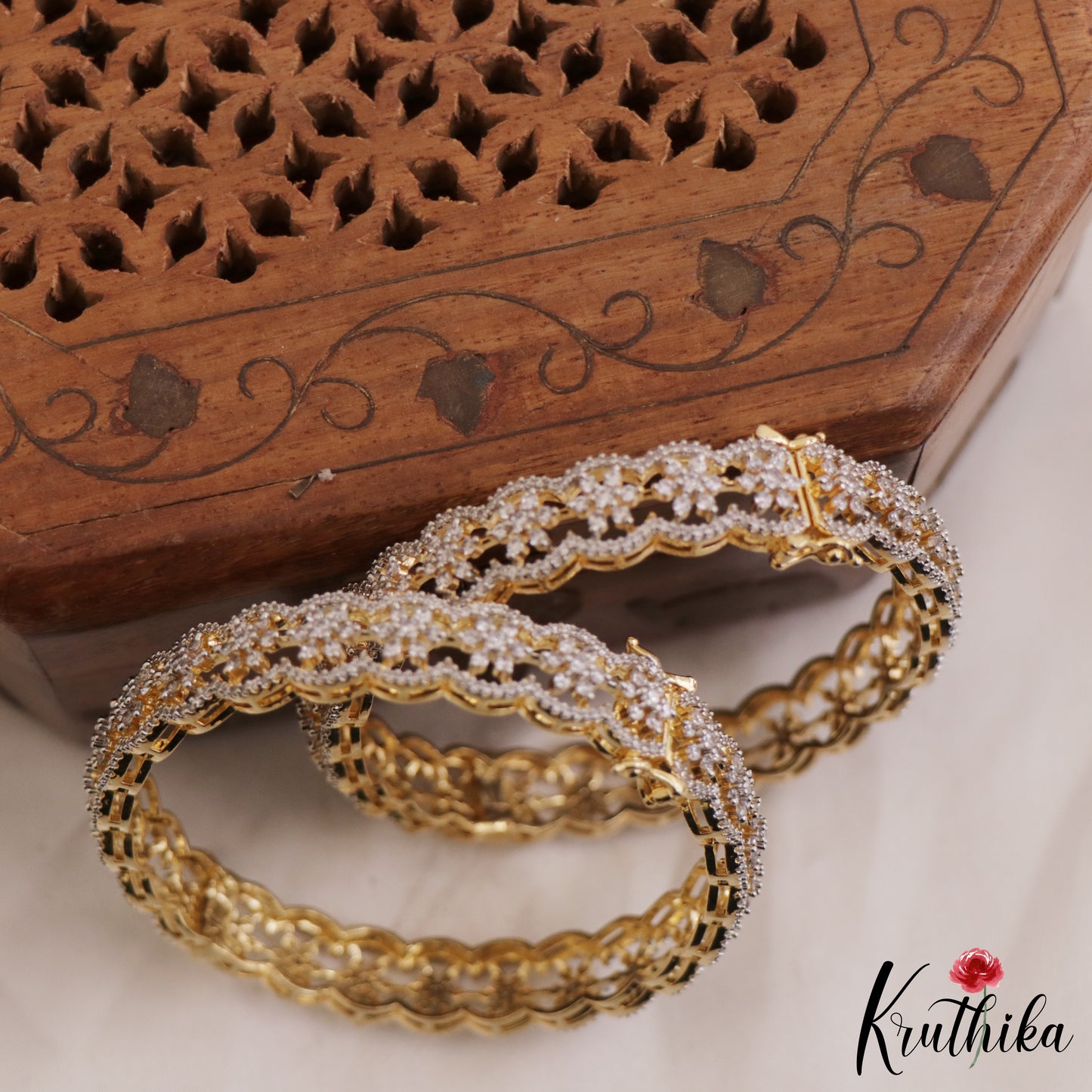 Stunning Floral Motifs CZ-Gold Finish Openable Bangles B407 (Set Of 2 Bangles)