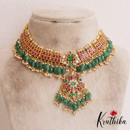 Pre-Order: Premium Floral Motifs Jadau Choker With Green Bead Drops NC2815 (Pre-Order: Shipping from 15th June)