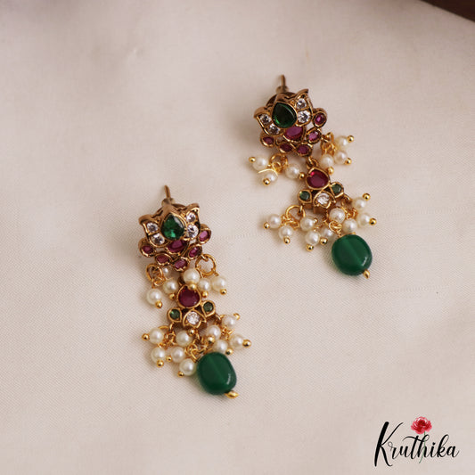 Pretty Lotus Motifs Kemp Earrings With Pearl Bead Drops E1126