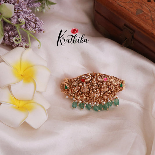 Beautiful Antique Jadau Lakshmi Devi Hair Clip with Pastel Green Beads J174