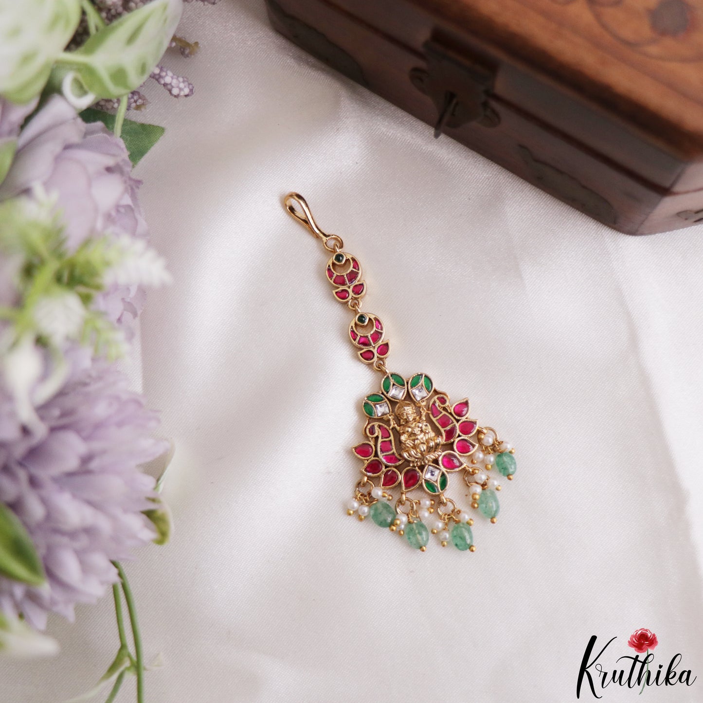 Elegant Antique Lakshmi Motifs Jadau Maang Tikka With Golden Bead Drops MT404 (Available In 4 Colors)