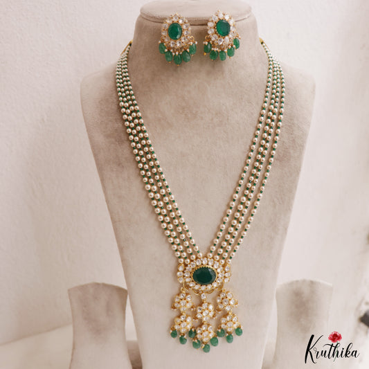 Stunning Floral Motifs Multi Pearl Layered Polki Victorian Haaram With Green Bead Drops LH2117
