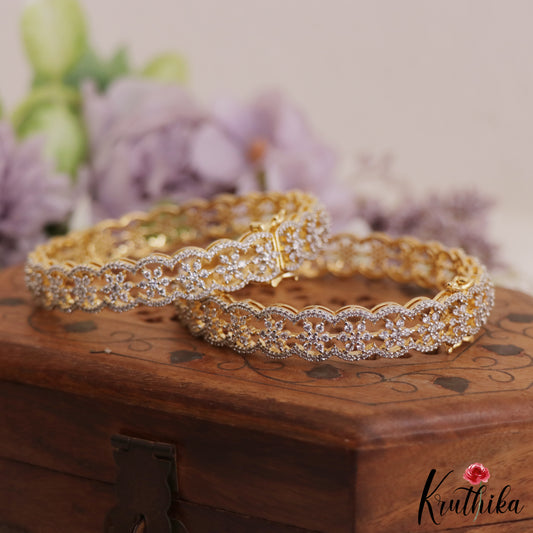 Stunning Floral Motifs CZ-Gold Finish Openable Bangles B407 (Set Of 2 Bangles)