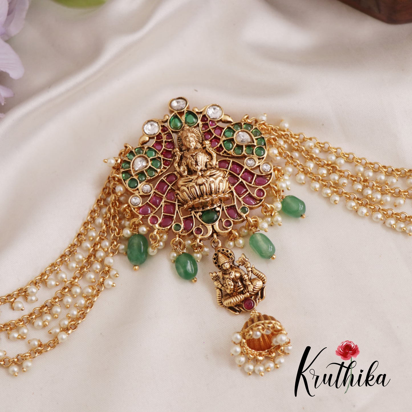 Premium Antique Lakshmi Jhumka Jadau Jada Billa With Multi Layered Pearl Drop Chains J294