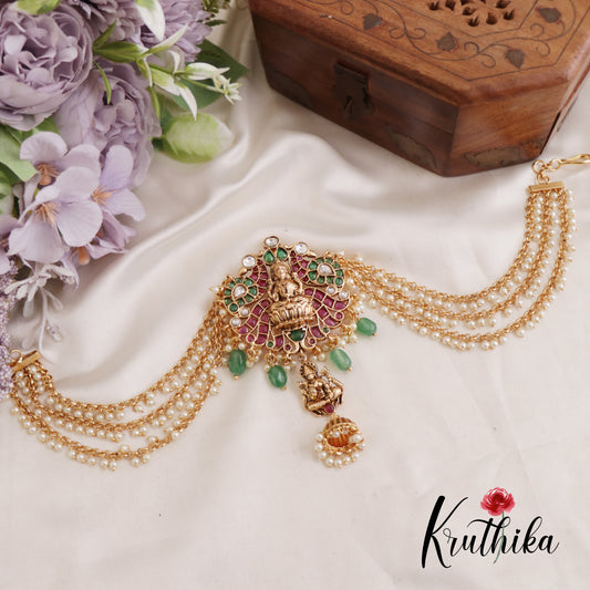 Premium Antique Lakshmi Jhumka Jadau Jada Billa With Multi Layered Pearl Drop Chains J294