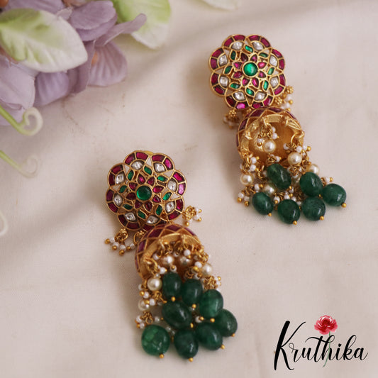 Premium Floral Motifs Jadau Jhumka With Green Bead Drops E1061