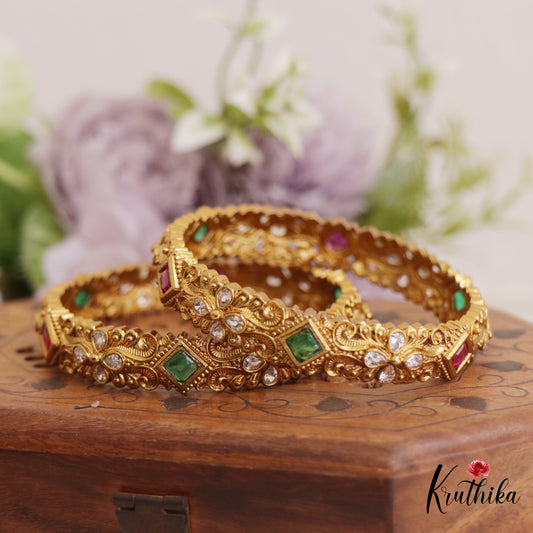 Elegant Antique Floral Motifs Bangles B421 (Set Of 2)