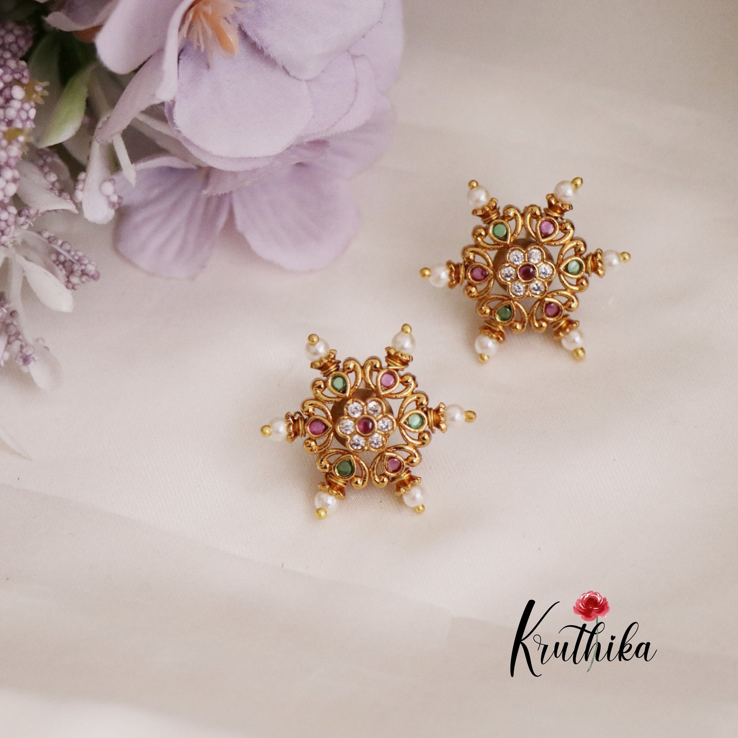 Elegant Antique Floral Chakra Pearl Earstuds E692 (Available in 3 Colors)