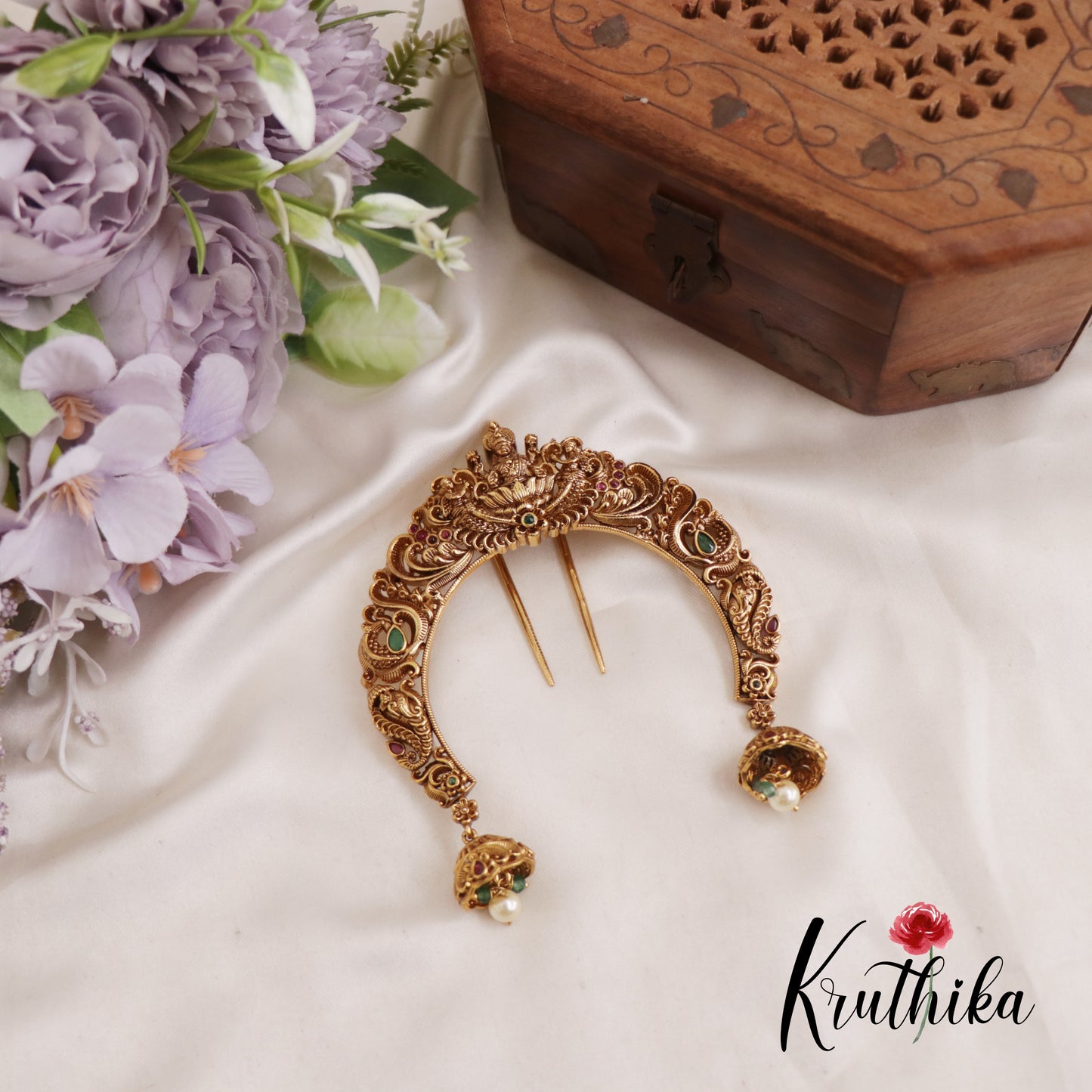 Traditional Antique Lakshmi Peacock Motifs Kemp Jada Billa With Jhumka Pearl Drops J297