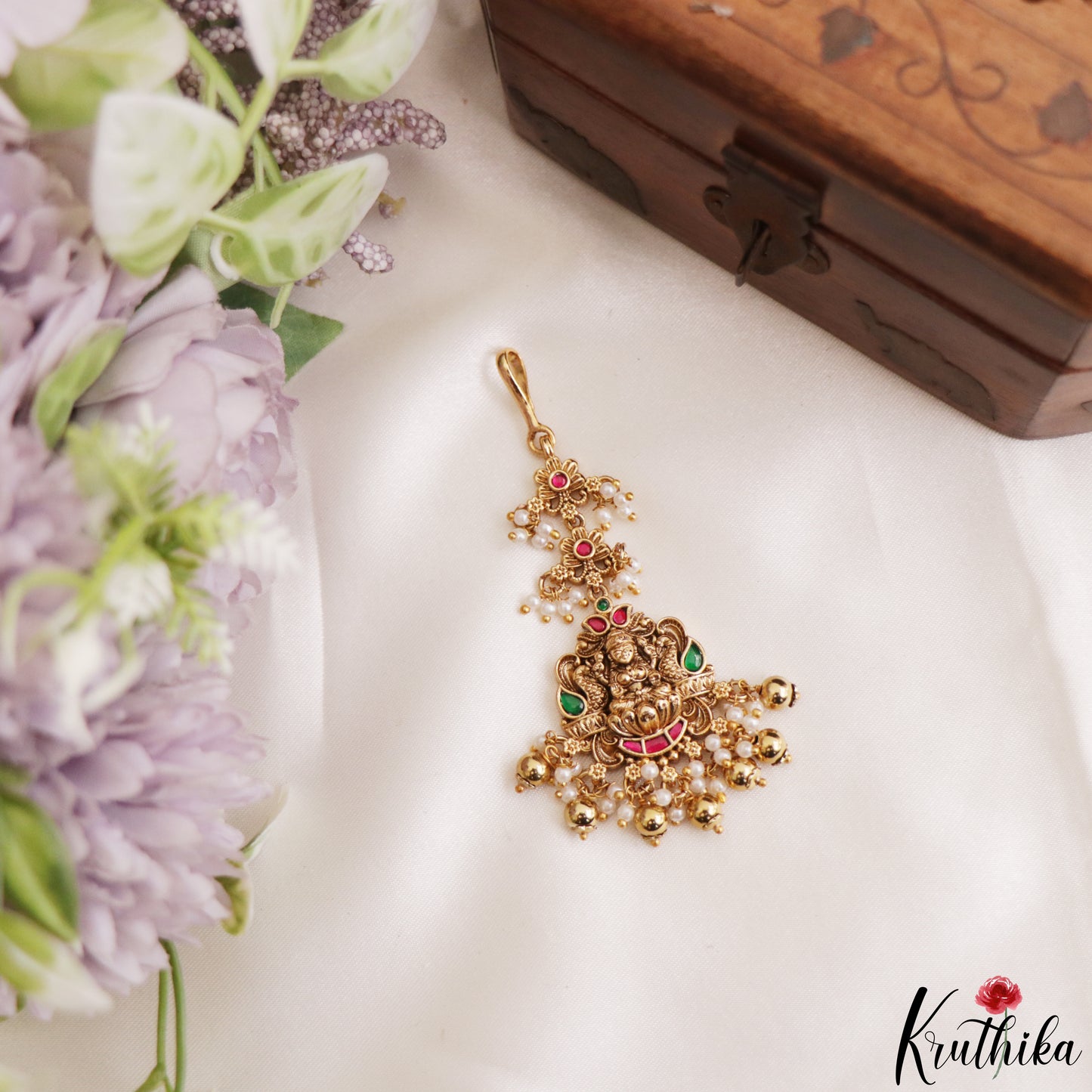 Trendy Antique Lakshmi Peacock Motifs Jadau Maang Tikka With Pearl Bead Drops MT400 (Available In 4 Colors)