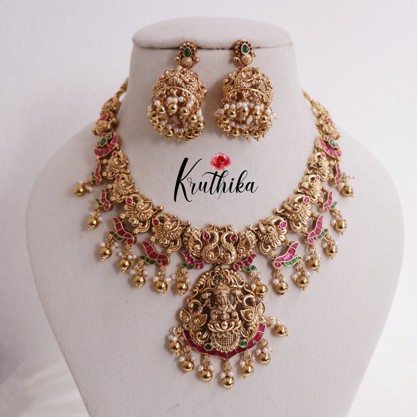 Beautiful Temple Lakshmi Jadau Pendant Necklace with Golden Beads Drops NC2351