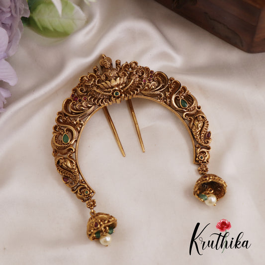 Traditional Antique Lakshmi Peacock Motifs Kemp Jada Billa With Jhumka Pearl Drops J297