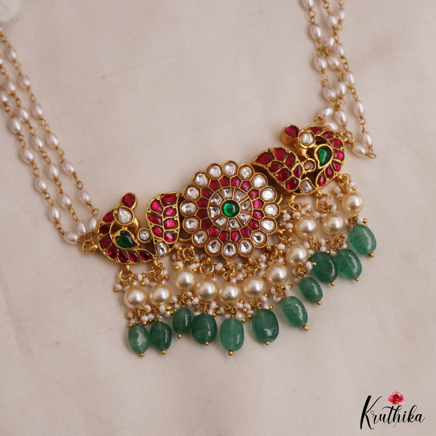 Gorgeous Floral Peacock Motifs Jadau Choker With Triple Pearl Strand Chain NC3031