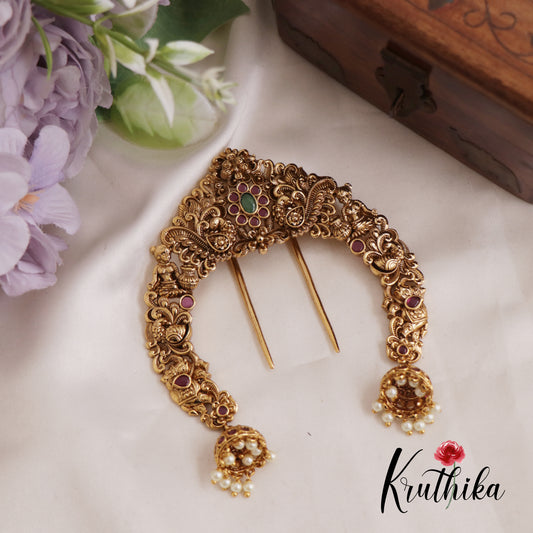 Gorgeous Antique Nagas Floral Peacock Motifs Kemp Jada Billa With Jhumka Pearl Drops J298