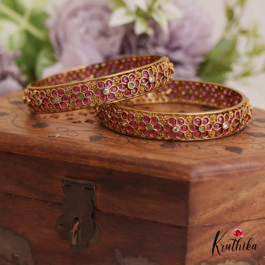 Beautiful Floral Motifs Kemp Bangles B424 (Set Of 2)