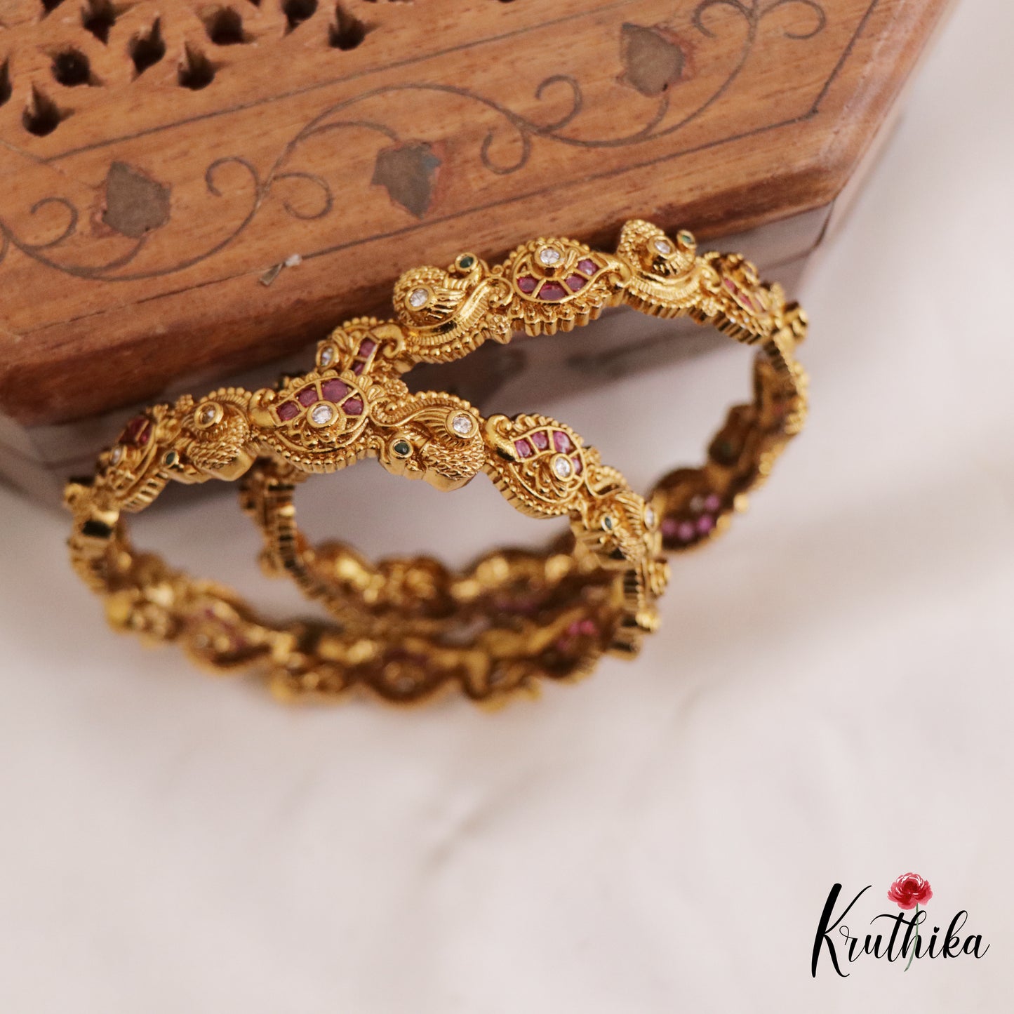Gorgeous Antique Peacock Motifs Jadau Bangles B423 (Set Of 2)