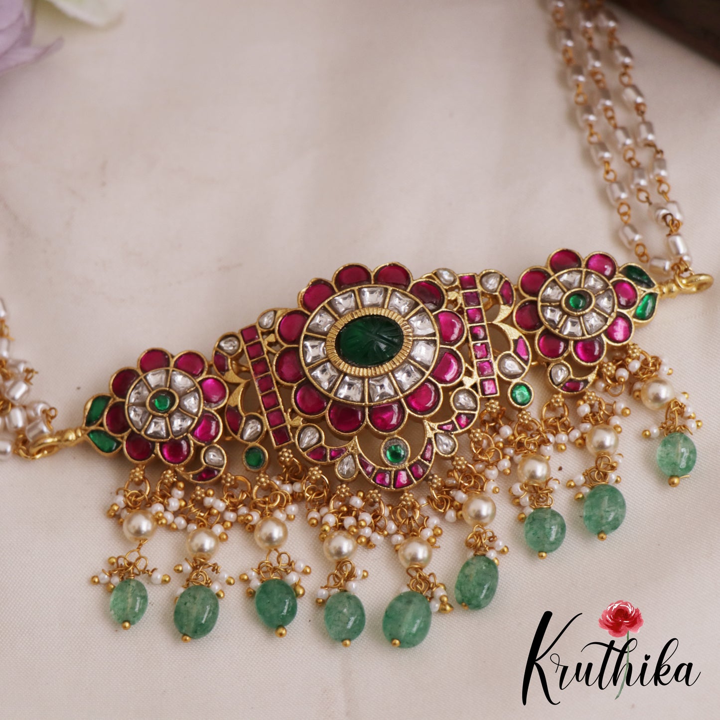 Gorgeous Floral Motifs Jadau Chocker With Triple Pearl Strand Chain NC2868