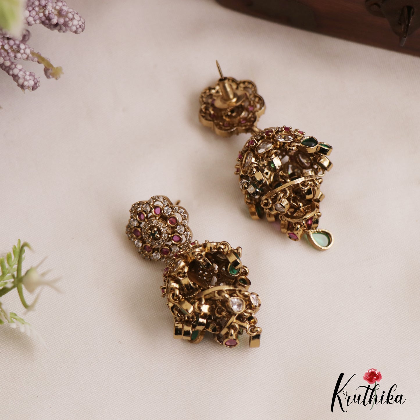 Gorgeous Floral Motifs Gold-Tone AD Jhumkas E1127
