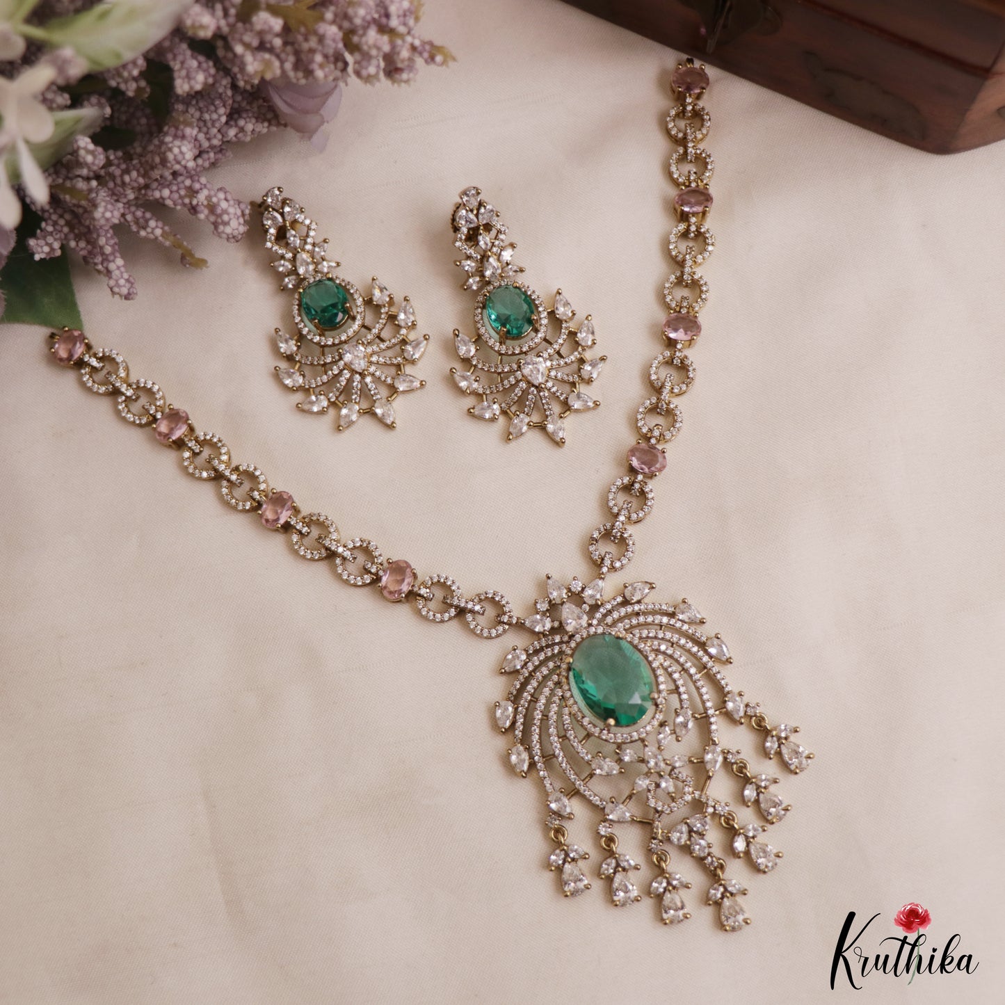 Sparkling Leaf Motifs CZ Victorian Necklace NC3012 (Available In 3 Colors)