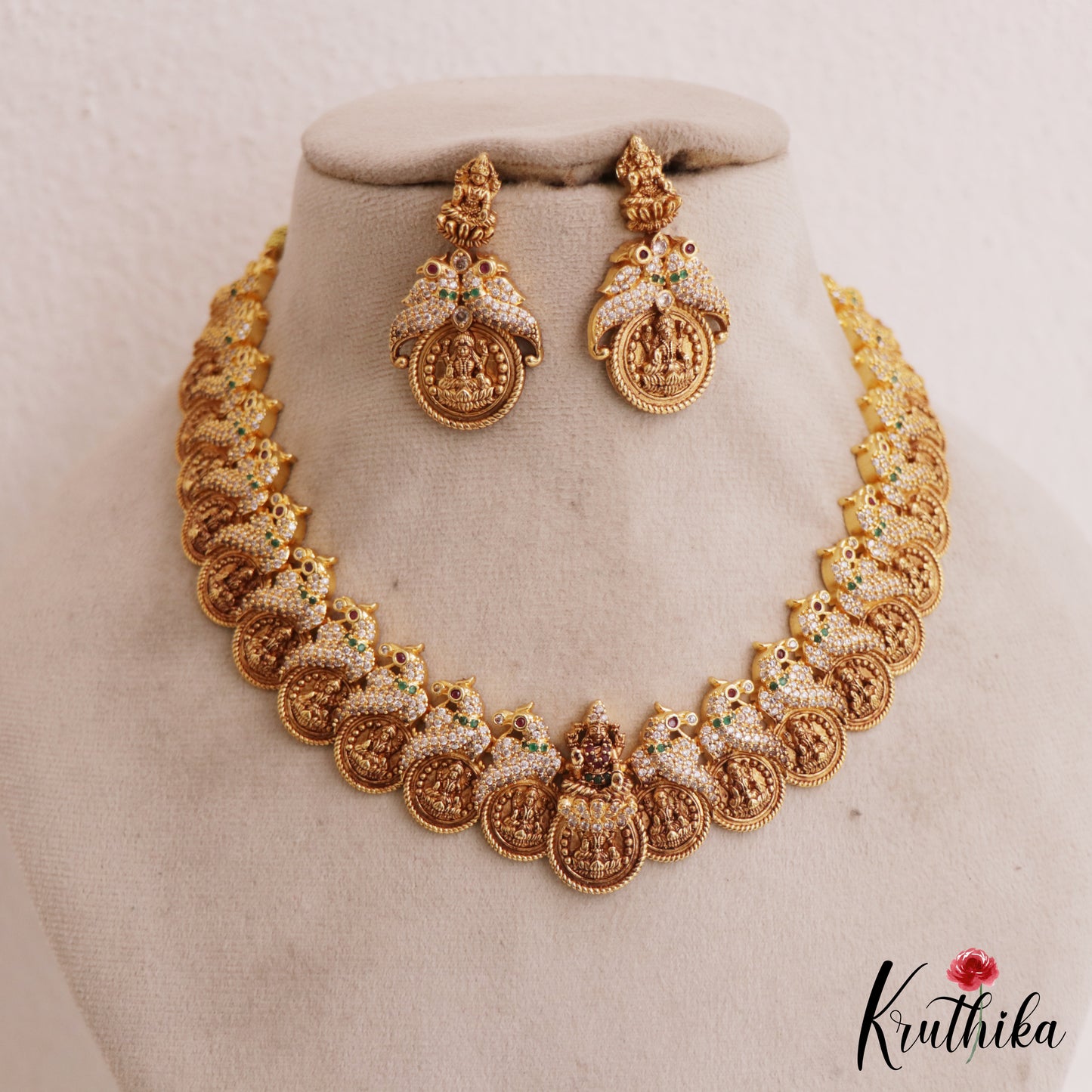 Gorgeous AD Antique Lakshmi Peacock Motifs Kasu Mala Necklace NC2767