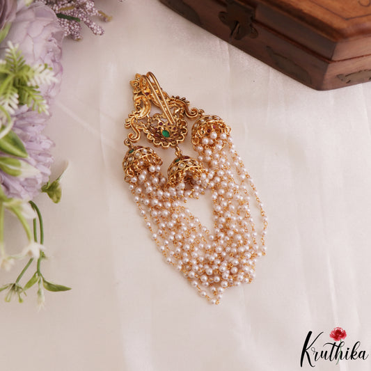 Gorgeous Antique Peacock Motifs Jhumka Jada Billa With Multi Pearl Strands J352