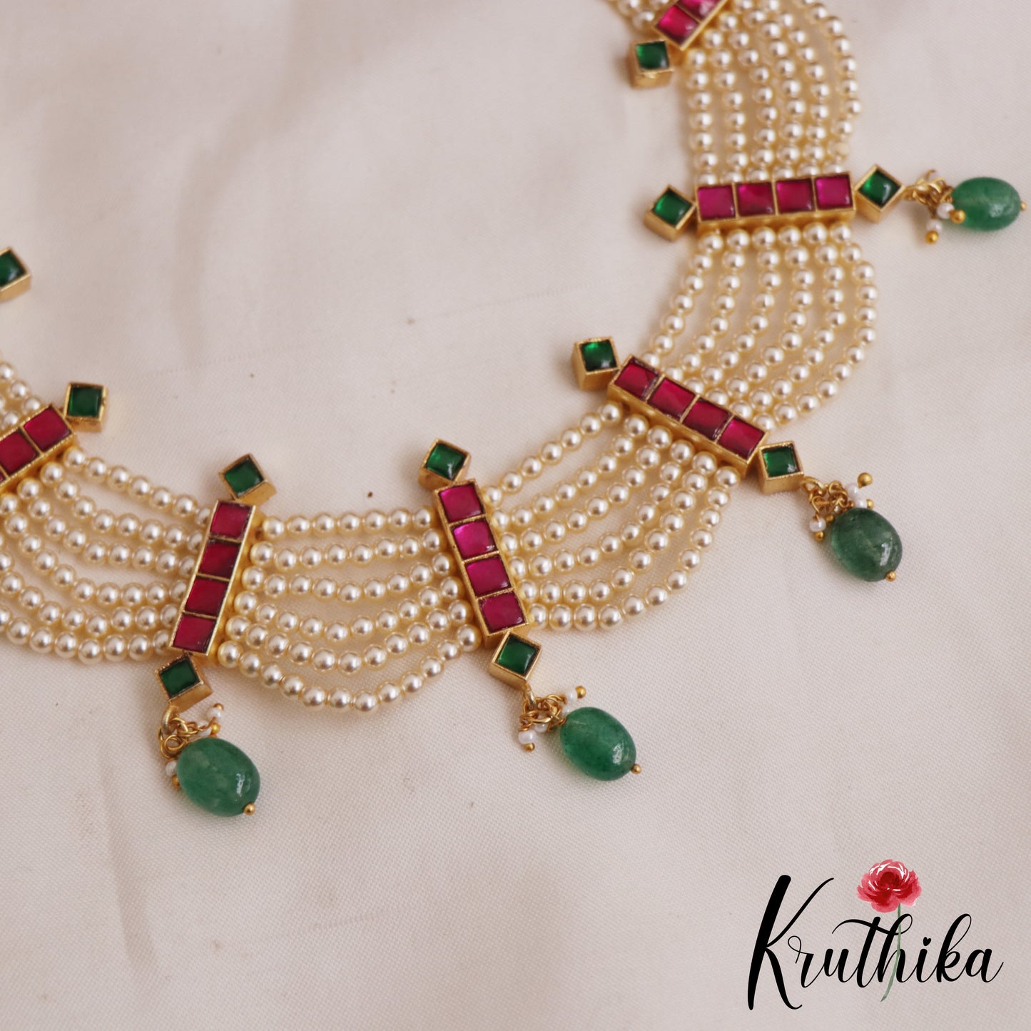 Beautiful Multi Pearl Strand Jadau Choker With Green Bead Drops NC2878