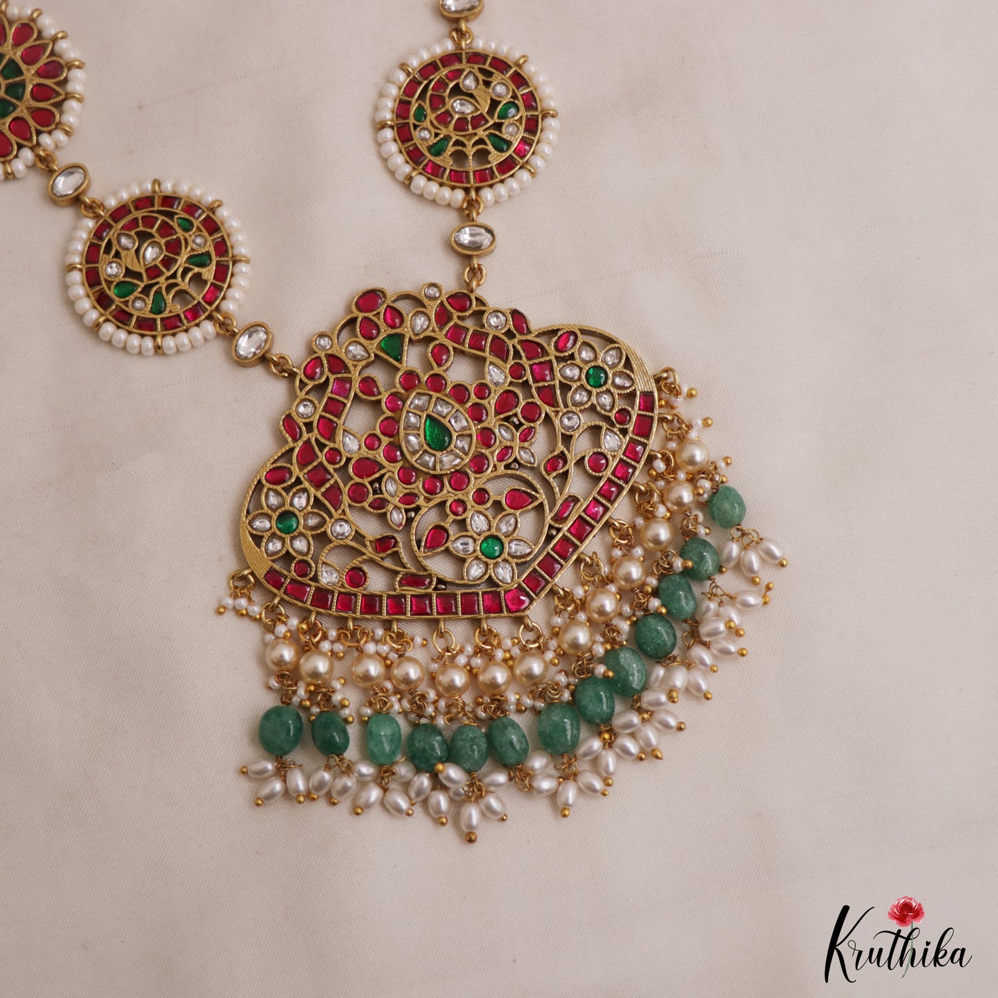 Gorgeous Floral Peacock Motifs Jadau Haaram With Green Bead Drops LH2118