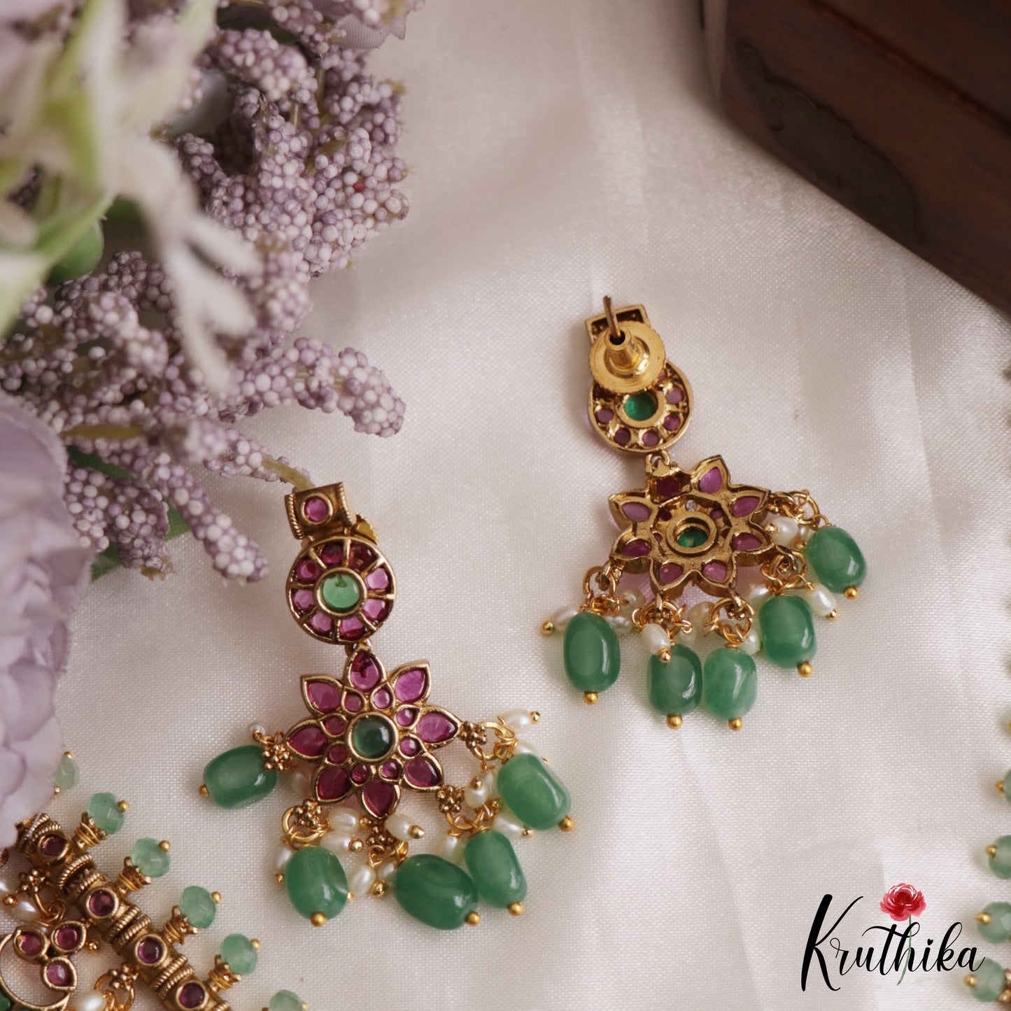 Premium Floral Peacock Motifs Jadau Necklace With Green Bead Drops NC3132 (Available In 2 Colors)
