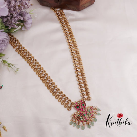 Elegant Jadau Peacock Kasu Haaram with Beads Drops LH1674 (Available in 2 Colours)